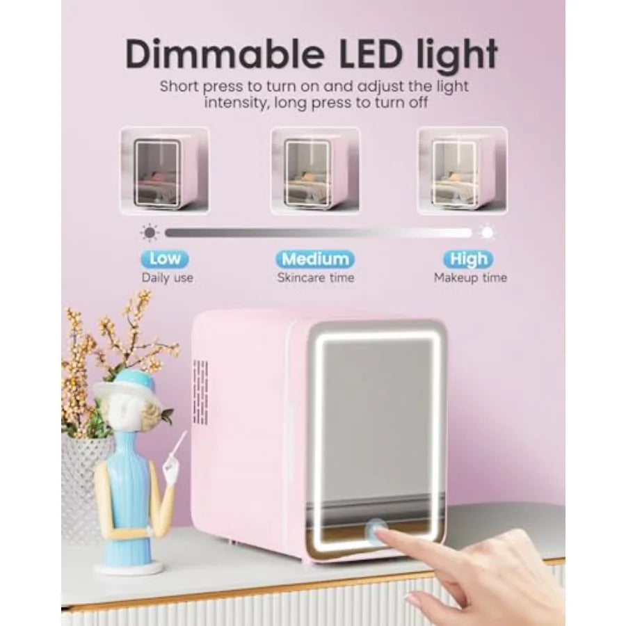 Skincare Fridge with Dimmable LED Light Mirror 4L Mini Fridge For Desktop Travel or Cool and Heat Makeup Fridge for Cosmetics S