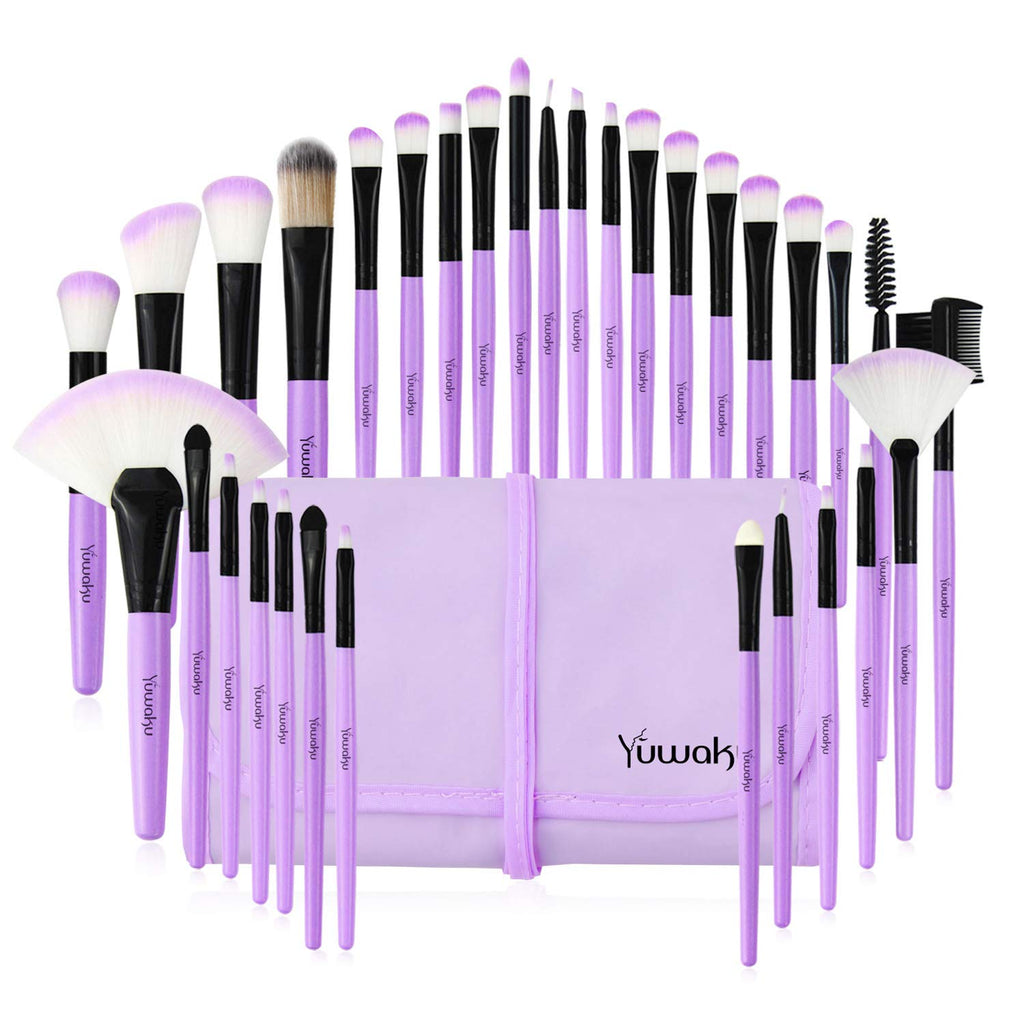 Yuwaku Makeup Brush 32Pcs, Purple Professional Make up Brushes Set with Soft Bristles Kabuki Foundation Powder Eyeshadow Eyeliner Blush Concealer Brush with Travel Makeup Bag (Purple)