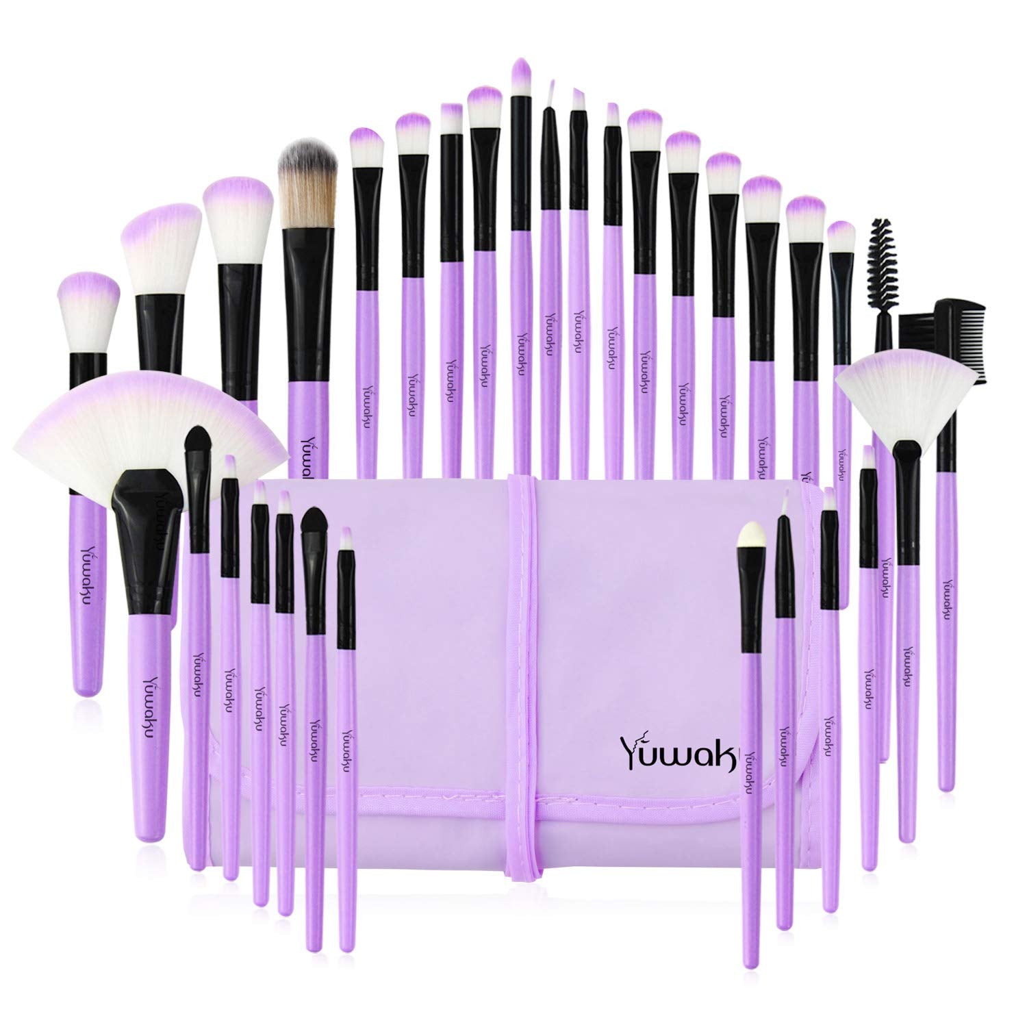 Yuwaku Makeup Brush 32Pcs, Purple Professional Make up Brushes Set with Soft Bristles Kabuki Foundation Powder Eyeshadow Eyeliner Blush Concealer Brush with Travel Makeup Bag (Purple)
