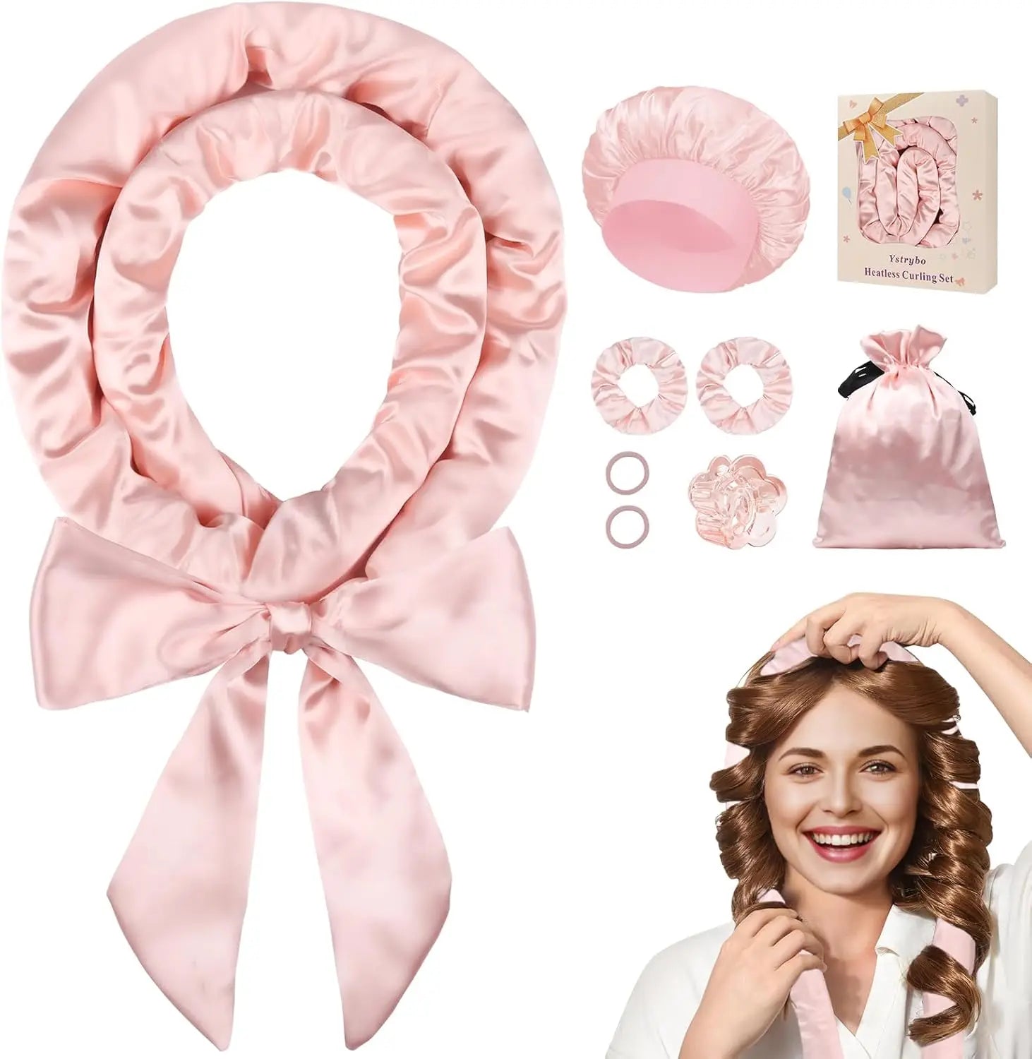 Satin Heatless Hair Curler Heatless Curls Overnight Hair Curlers to Sleep In Heatless Curling Set for Women Long Hair-8 Pcs Pink