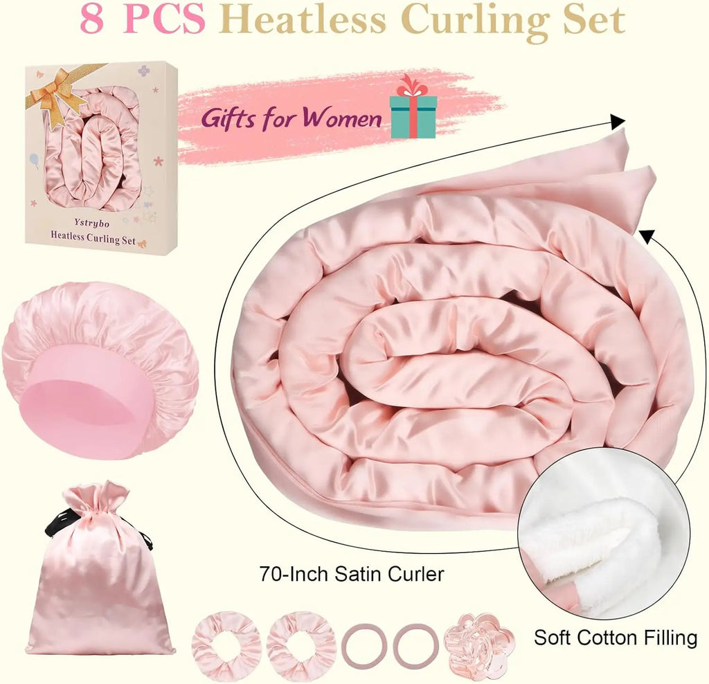 Satin Heatless Hair Curler Heatless Curls Overnight Hair Curlers to Sleep In Heatless Curling Set for Women Long Hair-8 Pcs Pink