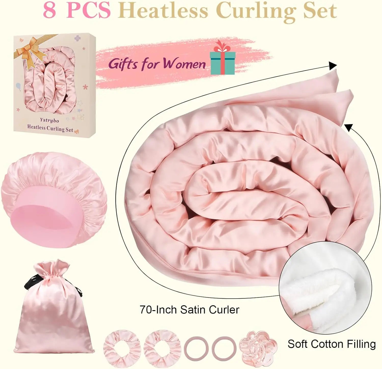 Satin Heatless Hair Curler Heatless Curls Overnight Hair Curlers to Sleep In Heatless Curling Set for Women Long Hair-8 Pcs Pink