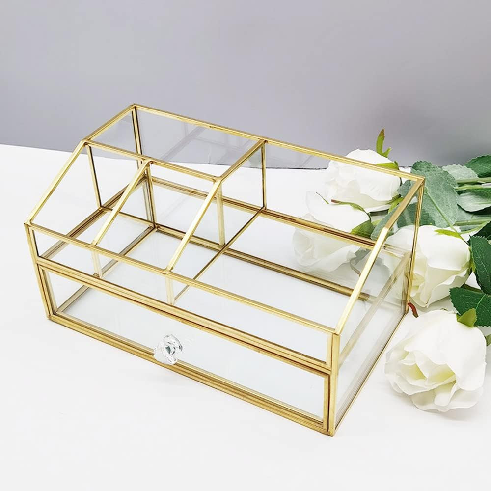 Glass Makeup Brush Holder, Makeup Brush Organizer Jewelry Display Box, Nordic Style Elegant Glass Makeup Organizer Nail Polish Lipsticks Eyeliners Holder for Vanity Bathroom Bedroom Office