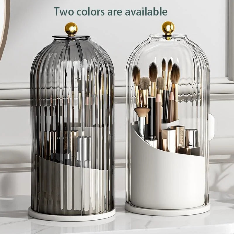 360° Rotating Makeup Brushes Holder with Lid Dustproof 3 Compartment Design Makeup Brushes Organizer Box for Vanity Countertop