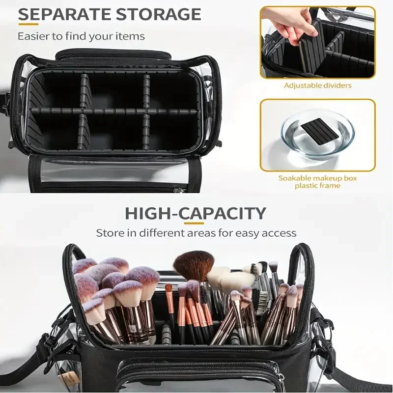 Makeup Brush Holder Backpack Makeup Artist Travel Case Clear Waterproof Cosmetic Organizer Bag with Adjustable Strap and Divider