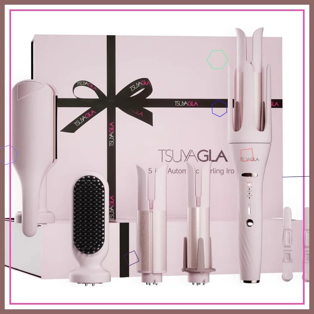 5 in 1 Auto Curling Iron Set with Interchangeable Barrels, Ceramic Curler, Hair Crimper & Straightening Brush, Dual Voltage