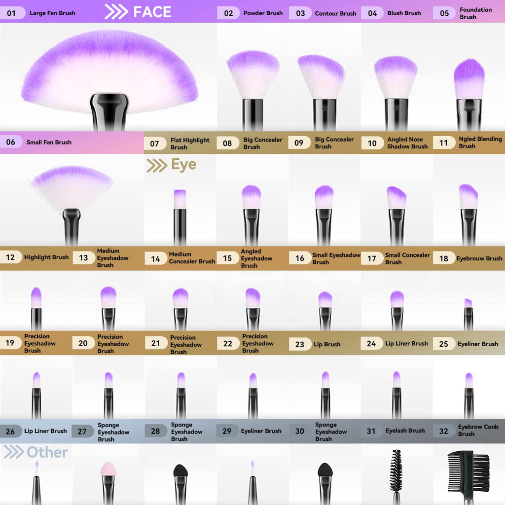 Yuwaku Makeup Brush 32Pcs, Purple Professional Make up Brushes Set with Soft Bristles Kabuki Foundation Powder Eyeshadow Eyeliner Blush Concealer Brush with Travel Makeup Bag (Purple)