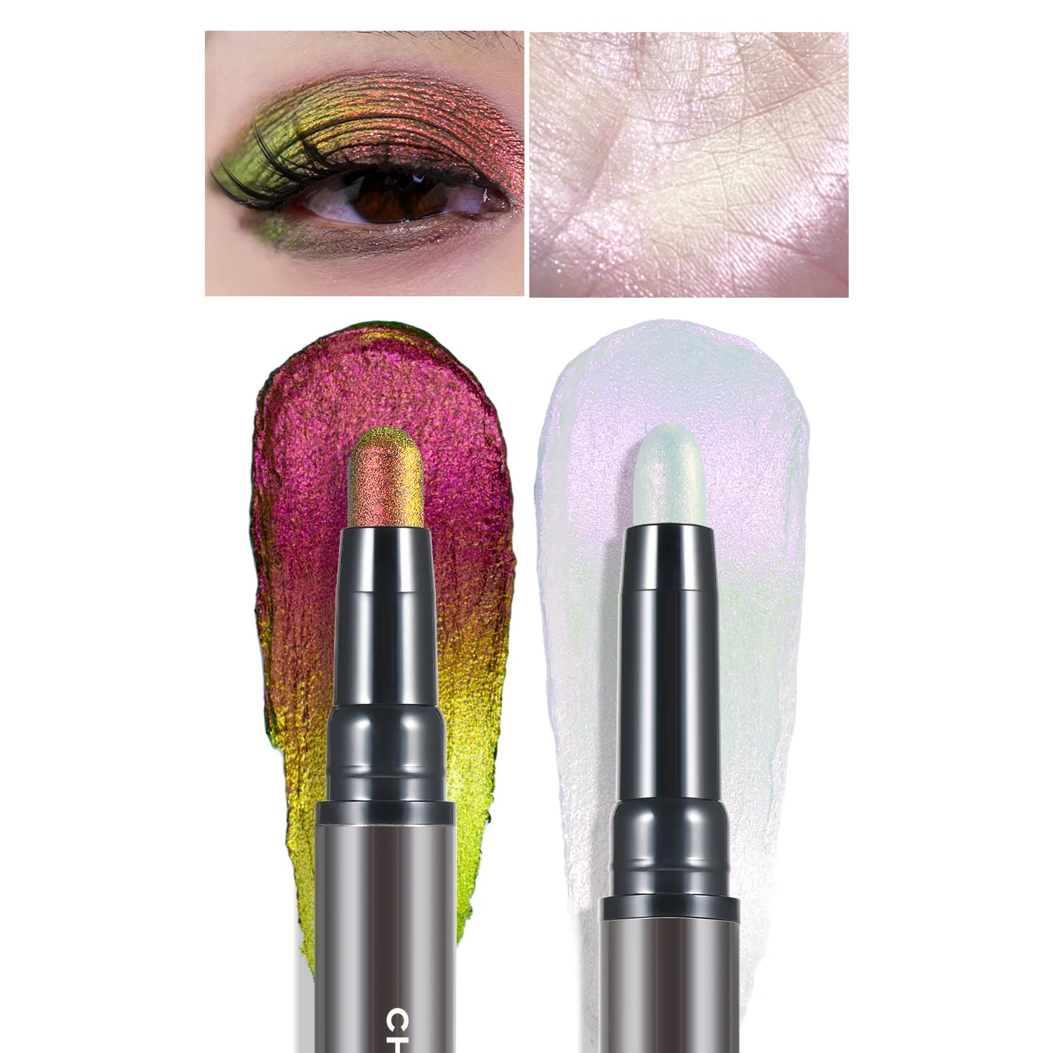 2 in 1 Multichrome Eyeshadow Sticks High Pigmented Glitter Eyeshadow Waterproof Eye Shadow Pen Metallic Makeup 6 Color