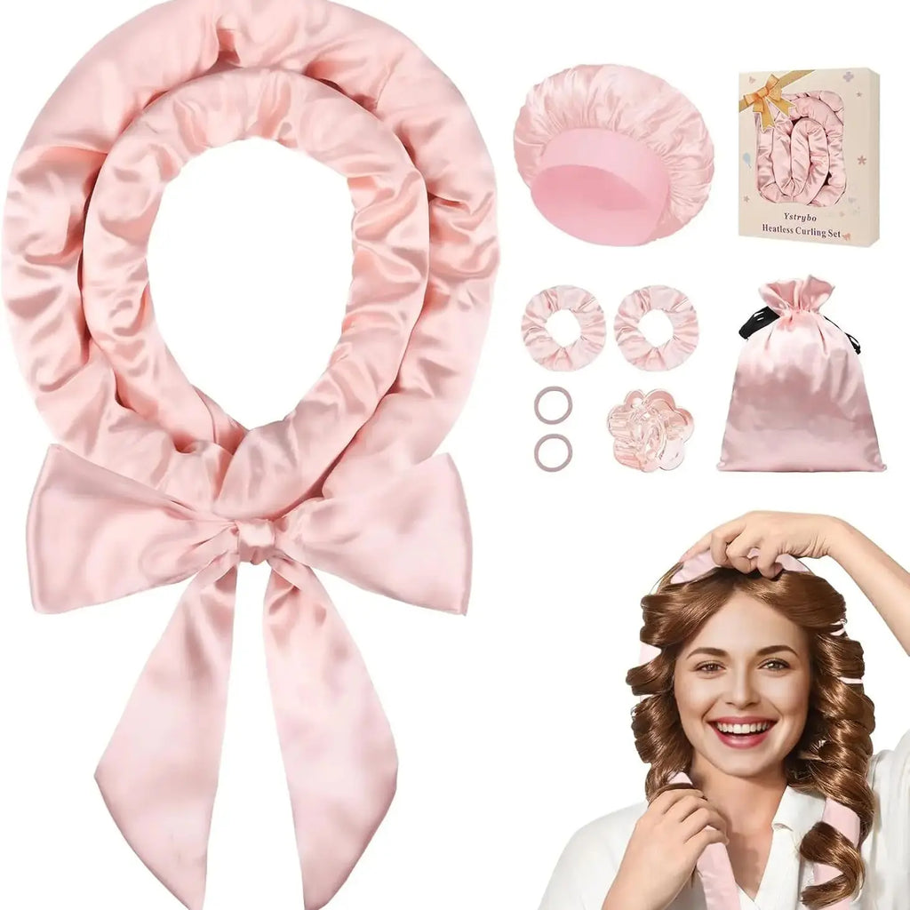 Satin Heatless Hair Curler Heatless Curls Overnight Hair Curlers to Sleep In Heatless Curling Set for Women Long Hair-8 Pcs Pink