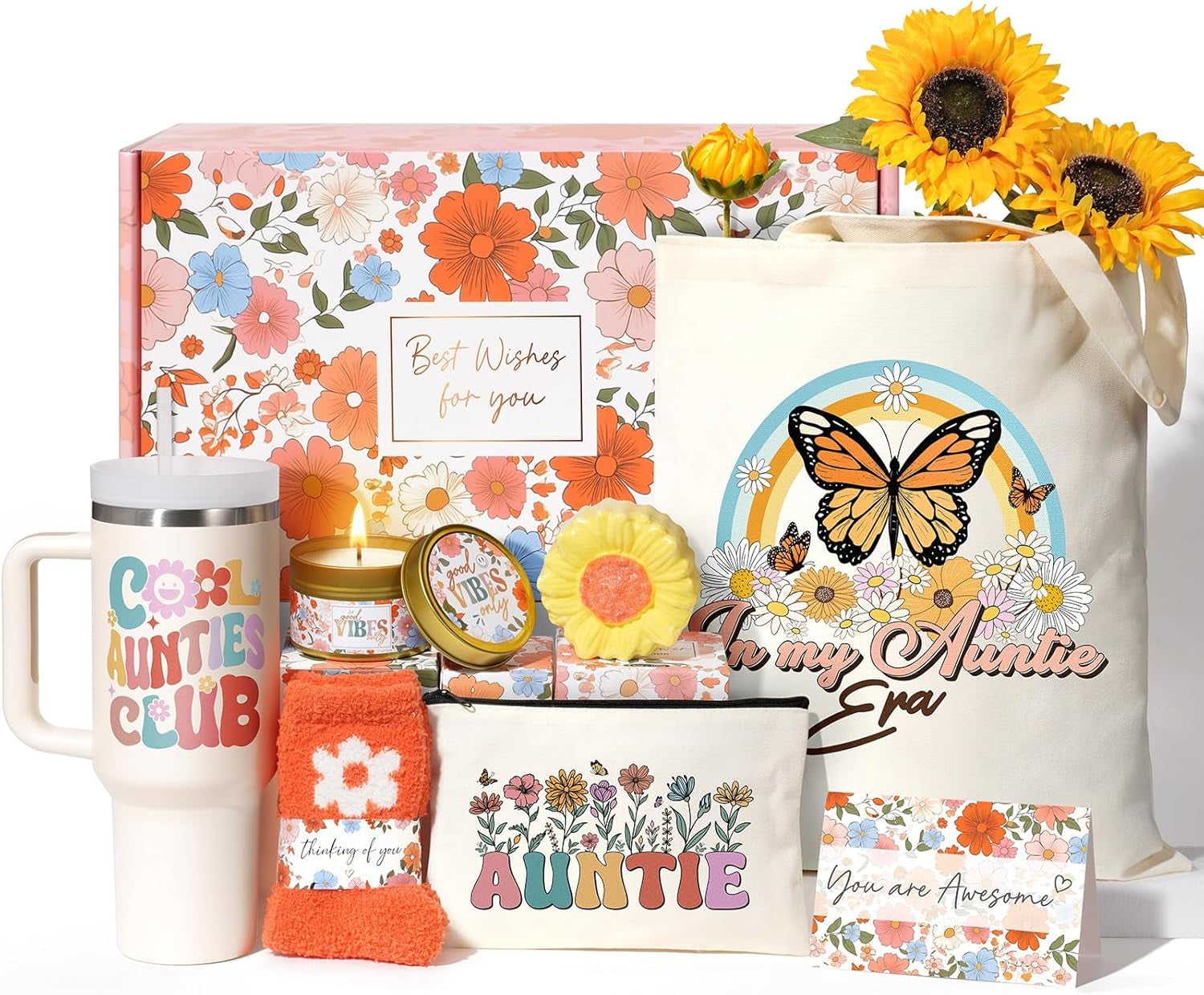 Best Aunt Gifts, Mothers Day Gifts for Auntie from Niece Nephew, Unique Birthday Gift Basket for Aunt, Aunties, Aunts to Be, Care Package for Women Best Auntie Gift with Makeup Bag 40 OZ Tumbler