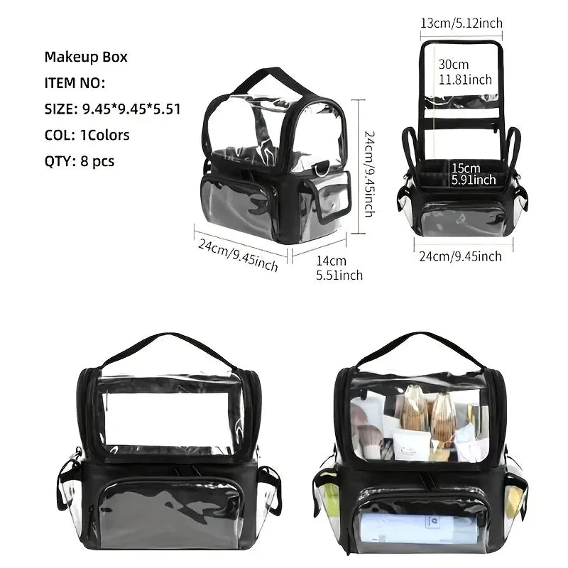 Makeup Brush Holder Backpack Makeup Artist Travel Case Clear Waterproof Cosmetic Organizer Bag with Adjustable Strap and Divider