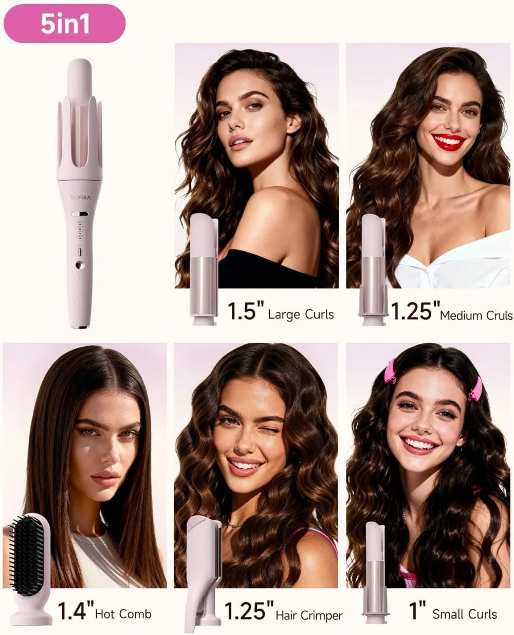 5 in 1 Auto Curling Iron Set with Interchangeable Barrels, Ceramic Curler, Hair Crimper & Straightening Brush, Dual Voltage