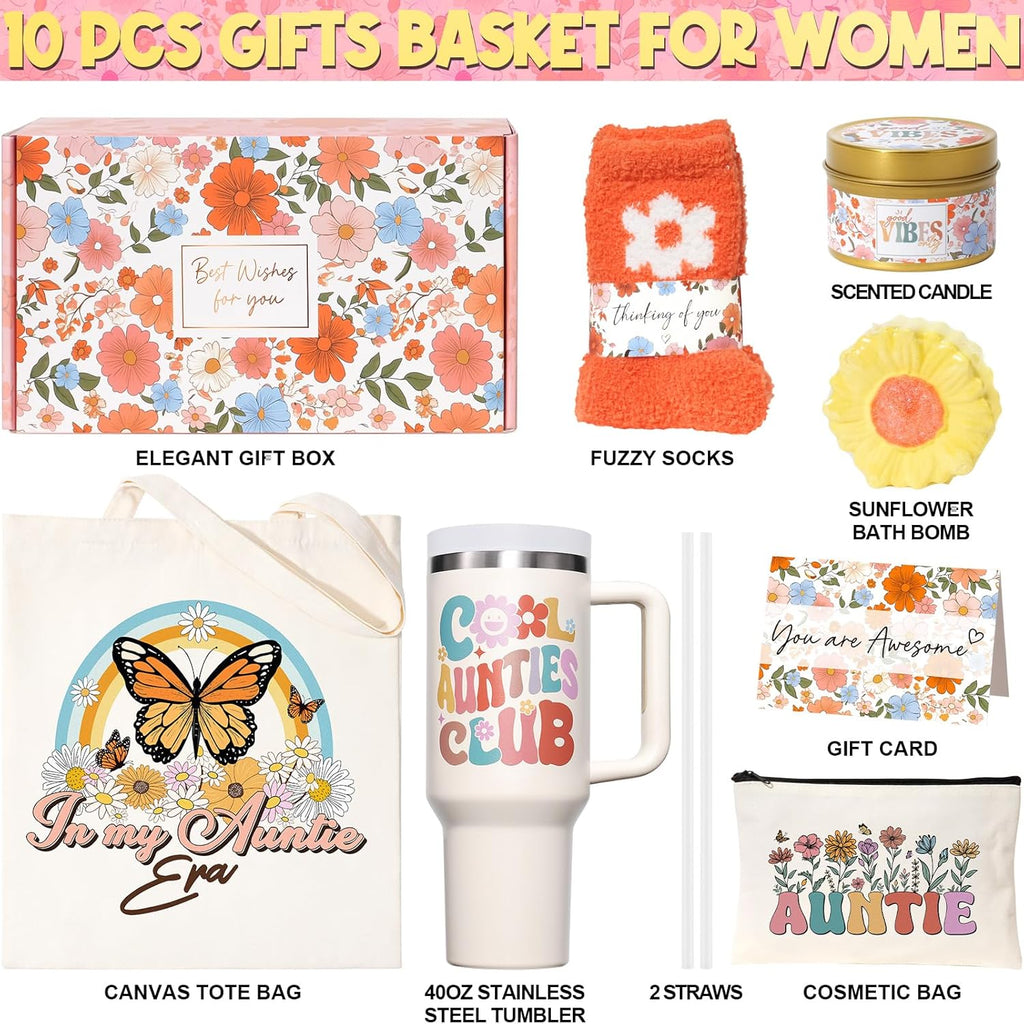 Best Aunt Gifts, Mothers Day Gifts for Auntie from Niece Nephew, Unique Birthday Gift Basket for Aunt, Aunties, Aunts to Be, Care Package for Women Best Auntie Gift with Makeup Bag 40 OZ Tumbler