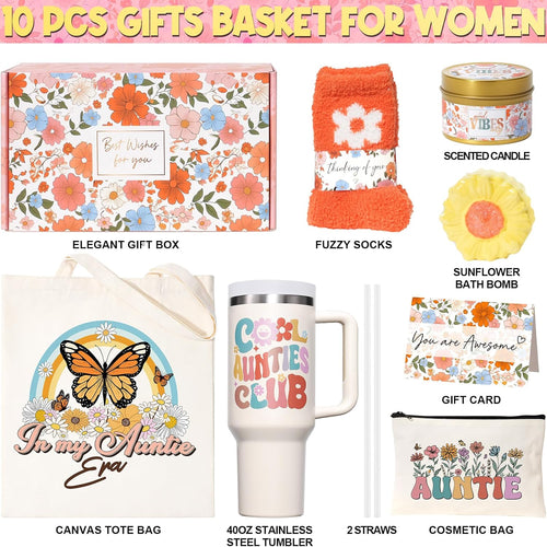 Best Aunt Gifts, Mothers Day Gifts for Auntie from Niece Nephew, Unique Birthday Gift Basket for Aunt, Aunties, Aunts to Be, Care Package for Women Best Auntie Gift with Makeup Bag 40 OZ Tumbler