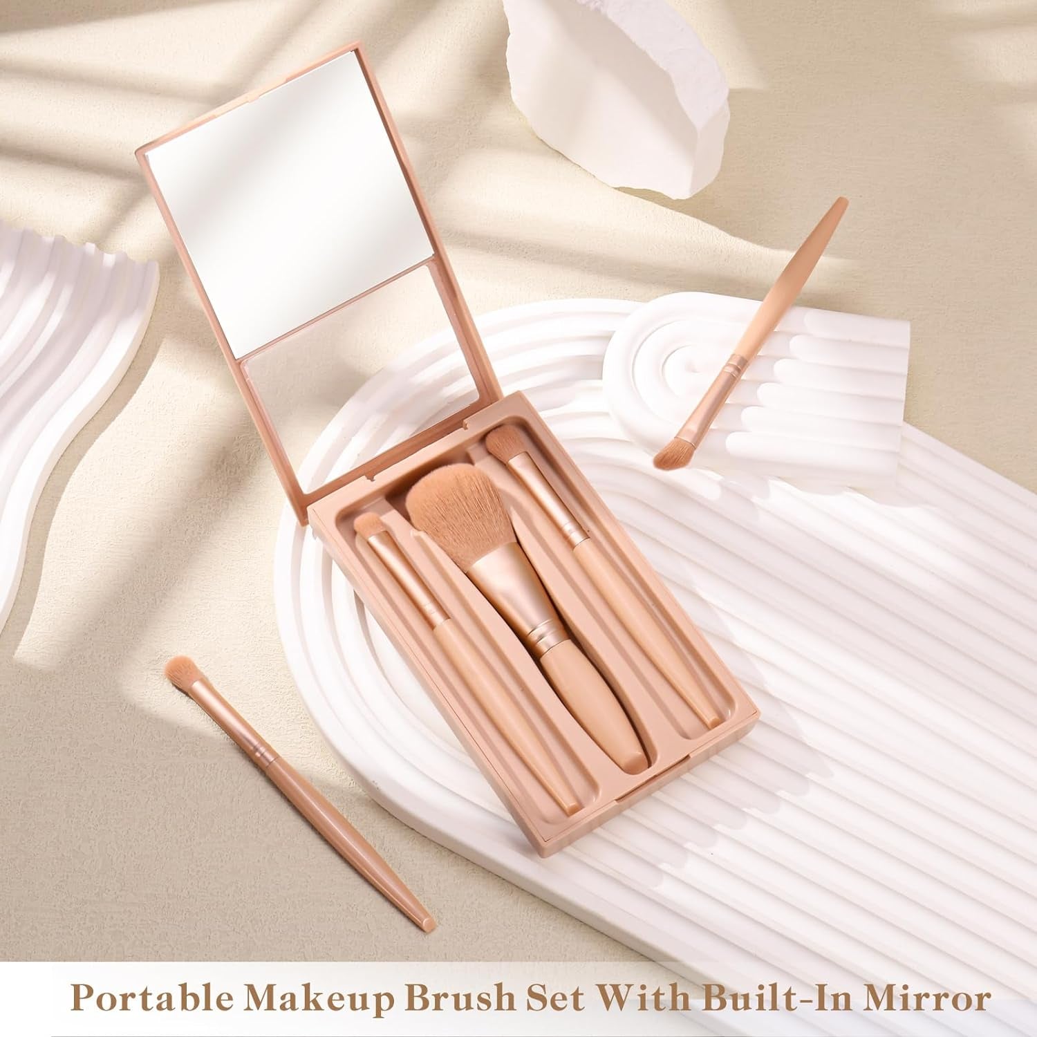 Eye Shadow Brush Set，Valentine'S Day Gifts，Teen Brushes Makeup with Mirror，Kids Small Makeup Brush Kit，Girls Cosmetic Eyeshadow Brushes for Purse, Make up Brushed (Apricot)