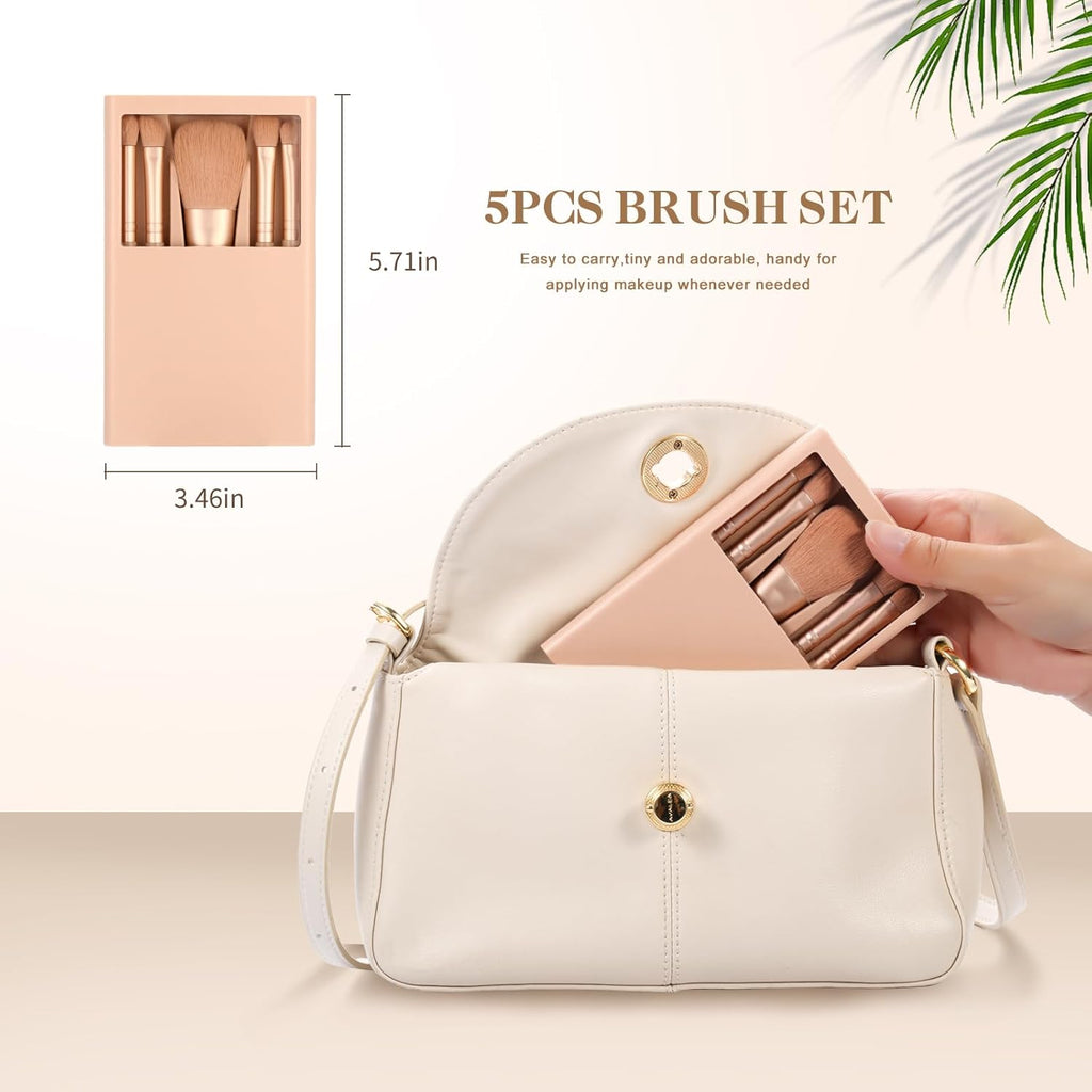 Eye Shadow Brush Set，Valentine'S Day Gifts，Teen Brushes Makeup with Mirror，Kids Small Makeup Brush Kit，Girls Cosmetic Eyeshadow Brushes for Purse, Make up Brushed (Apricot)