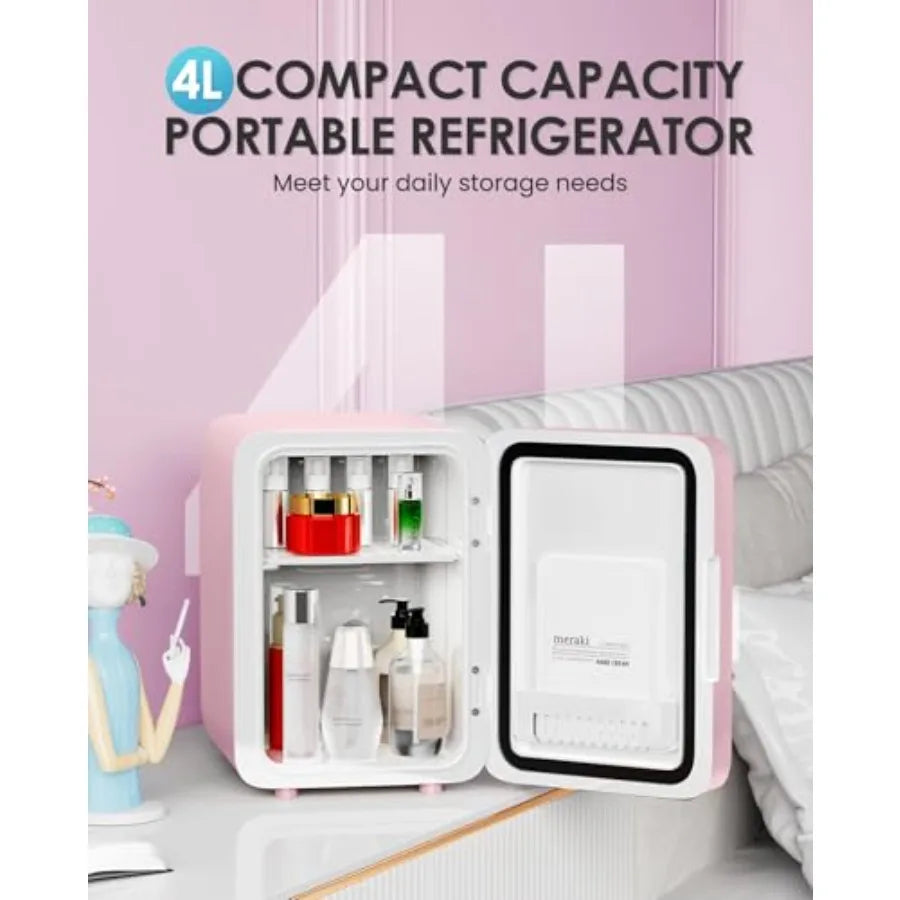 Skincare Fridge with Dimmable LED Light Mirror 4L Mini Fridge For Desktop Travel or Cool and Heat Makeup Fridge for Cosmetics S