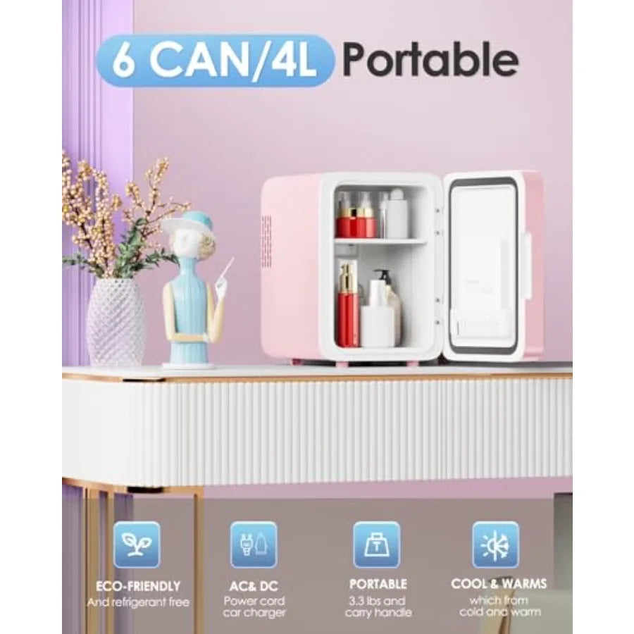 Skincare Fridge with Dimmable LED Light Mirror 4L Mini Fridge For Desktop Travel or Cool and Heat Makeup Fridge for Cosmetics S