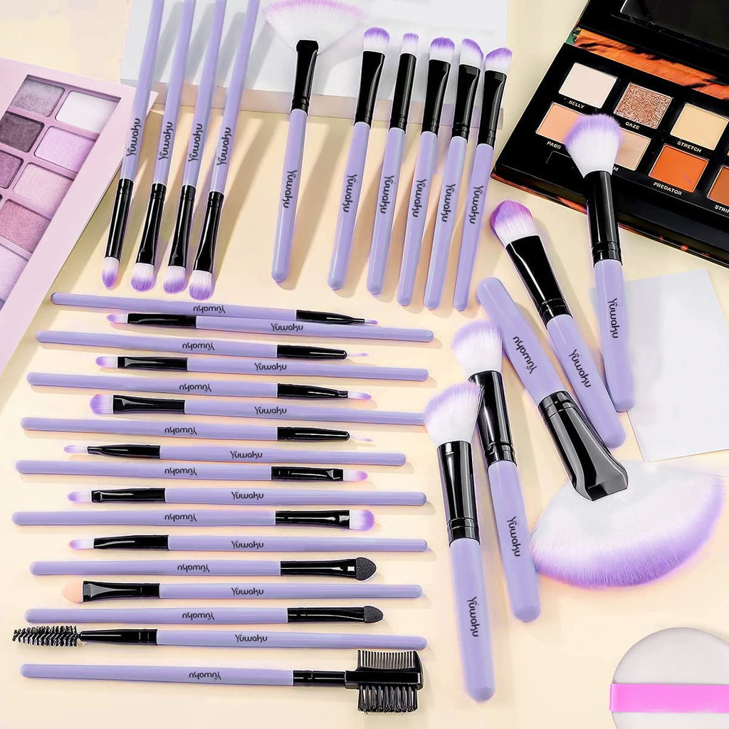 Yuwaku Makeup Brush 32Pcs, Purple Professional Make up Brushes Set with Soft Bristles Kabuki Foundation Powder Eyeshadow Eyeliner Blush Concealer Brush with Travel Makeup Bag (Purple)